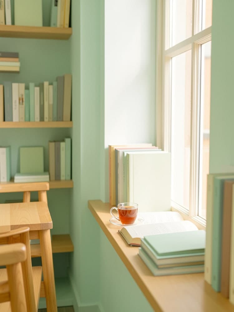 A cup of tea and an open book on a sunlit window seat