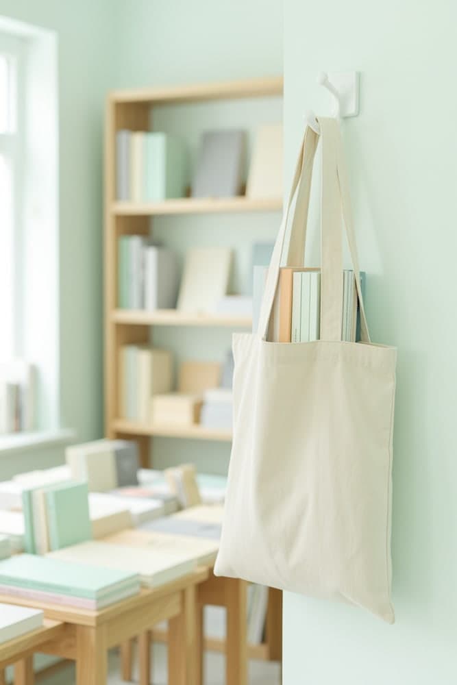 A canvas tote of books hanging from a wall hook