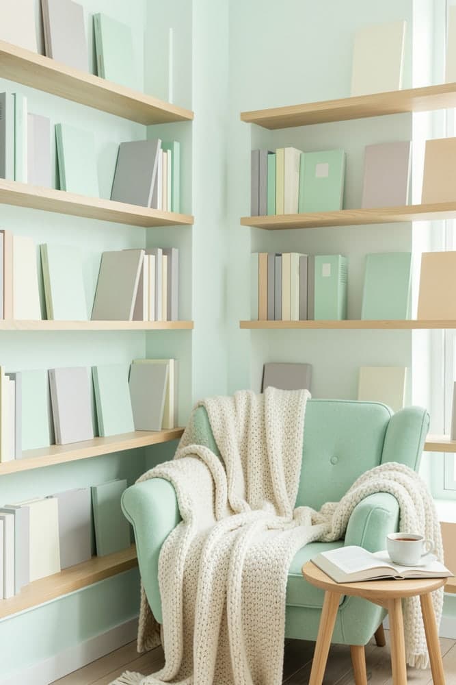 A mint armchair and a side table with an open book and tea