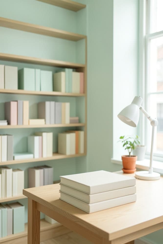 A desk lamp, a plant and a stack of books by a bookshop window