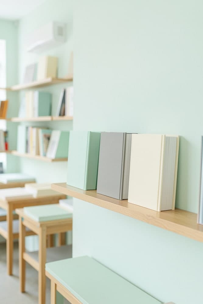 Books standing face out on a light oak shelf
