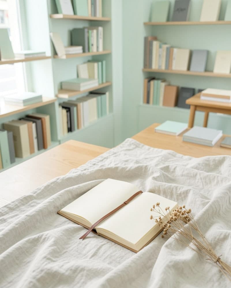 An open book with a leather bookmark on linen